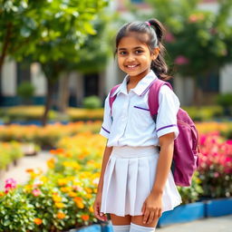 An Indian school girl in a traditional school uniform, featuring a crisp white shirt, a neatly pleated skirt, and knee-high socks