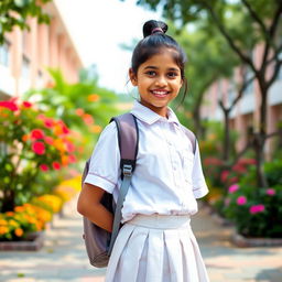 An Indian school girl in a traditional school uniform, featuring a crisp white shirt, a neatly pleated skirt, and knee-high socks