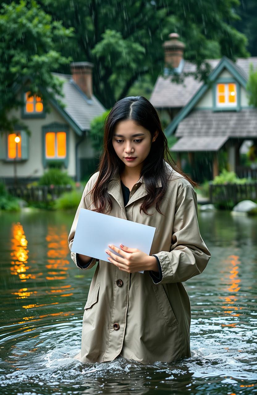 A young woman carefully crossing a river, holding a white envelope, with determination on her face