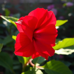 A close-up of a vibrant red flower with detailed petal textures and rich green leaves as a backdrop