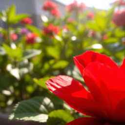A close-up of a vibrant red flower with detailed petal textures and rich green leaves as a backdrop