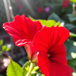 A close-up of a vibrant red flower with detailed petal textures and rich green leaves as a backdrop