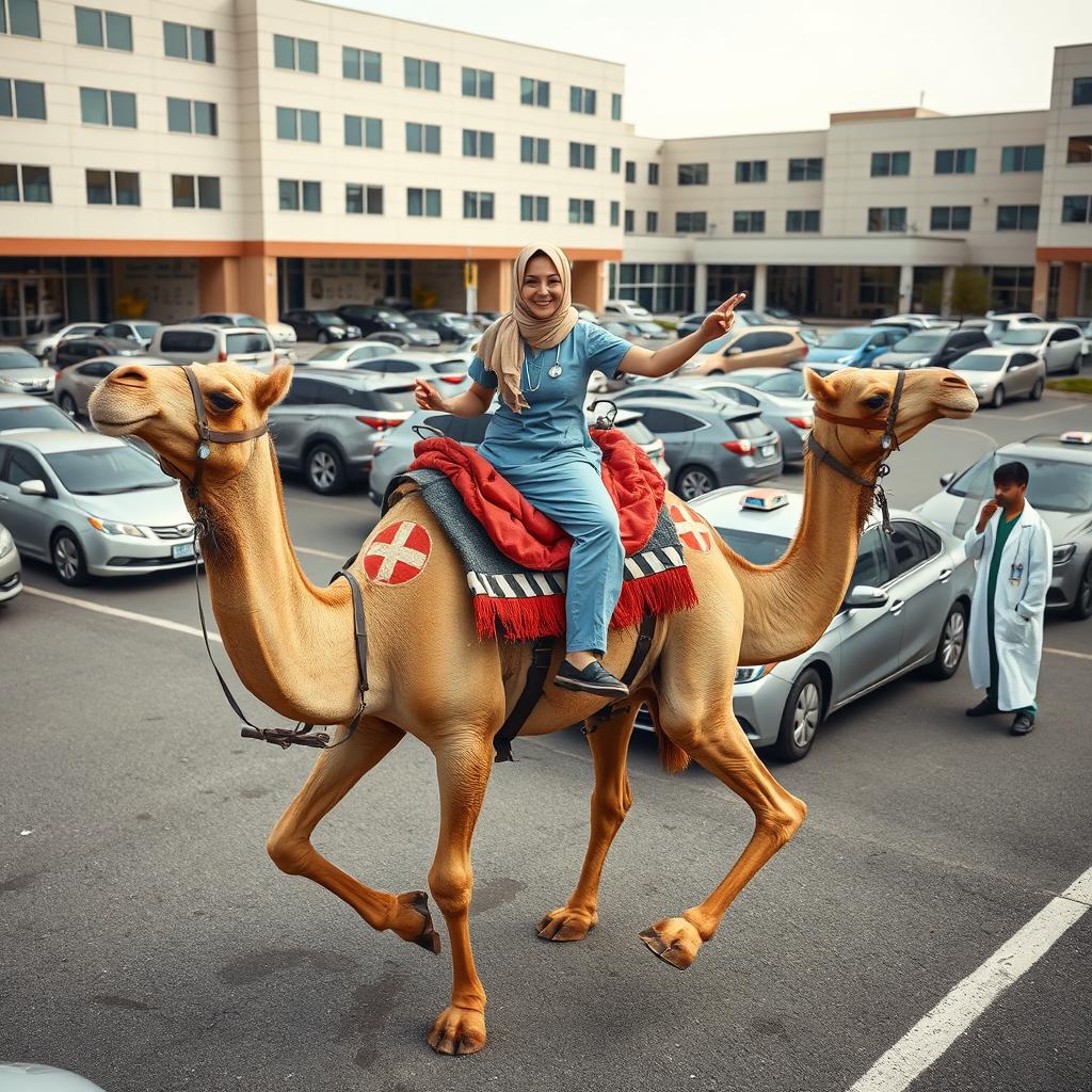 A scene depicting a nurse wearing a hijab, energetically riding a camel, which is creatively designed as an ambulance