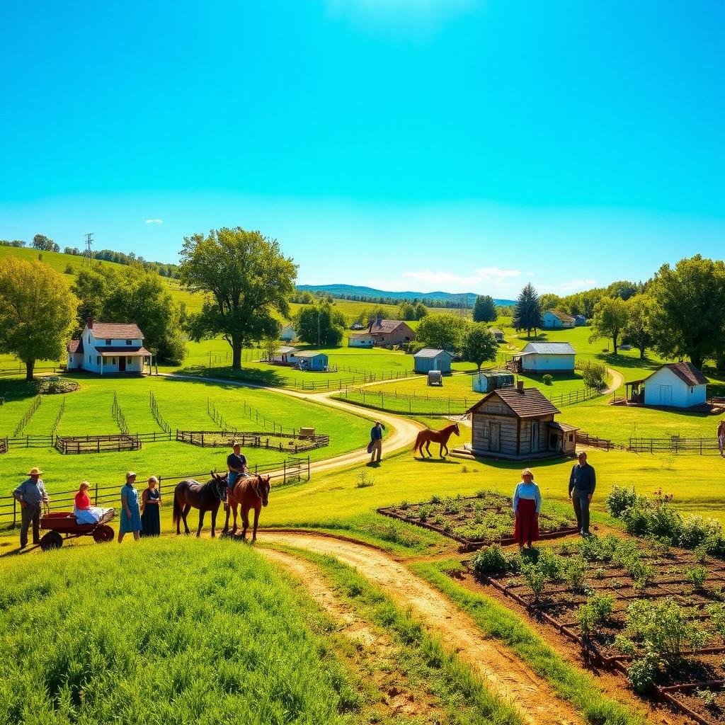 A picturesque Amish farming village set in a sunny valley, showcasing vibrant green fields and quaint whitewashed cottages