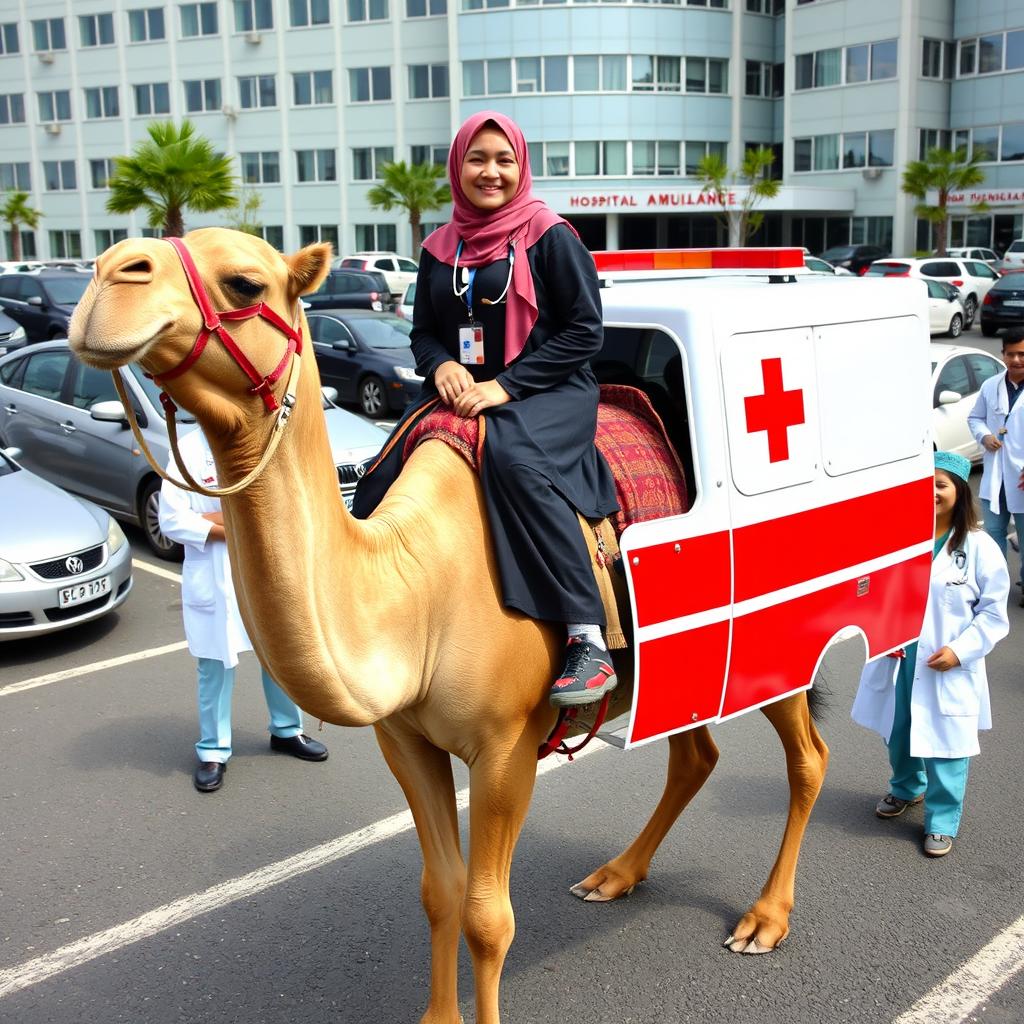 A lively scene featuring a nurse in a hijab riding a camel that resembles an ambulance