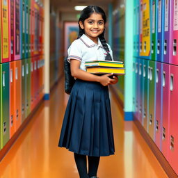A beautiful Indian school girl in a traditional school uniform, standing confidently in a vibrant school hallway