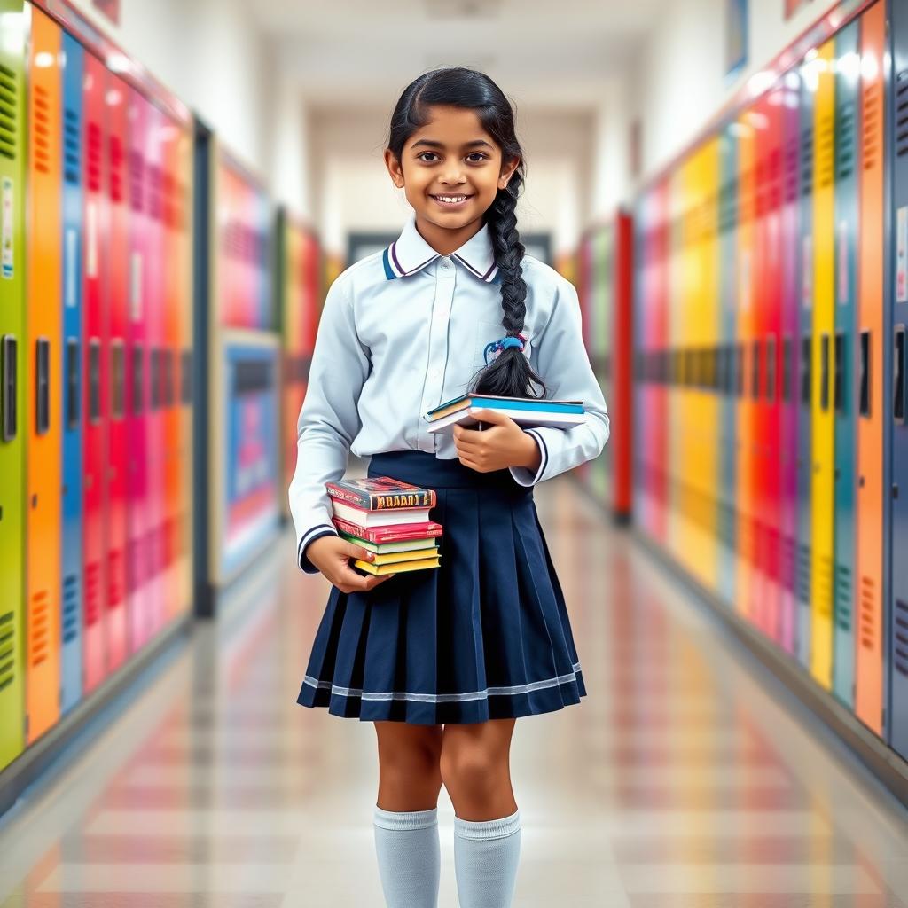 A beautiful Indian school girl in a traditional school uniform, standing confidently in a vibrant school hallway