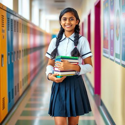 A beautiful Indian school girl in a traditional school uniform, standing confidently in a vibrant school hallway