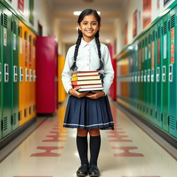 A beautiful Indian school girl in a traditional school uniform, standing confidently in a vibrant school hallway
