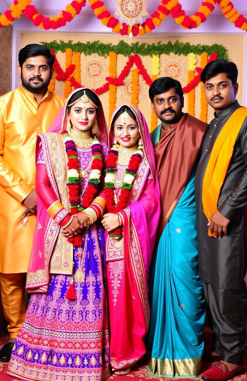 A vibrant and colorful scene depicting a girl and a guy dressed in traditional Indian wedding attire