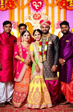 A vibrant and colorful scene depicting a girl and a guy dressed in traditional Indian wedding attire