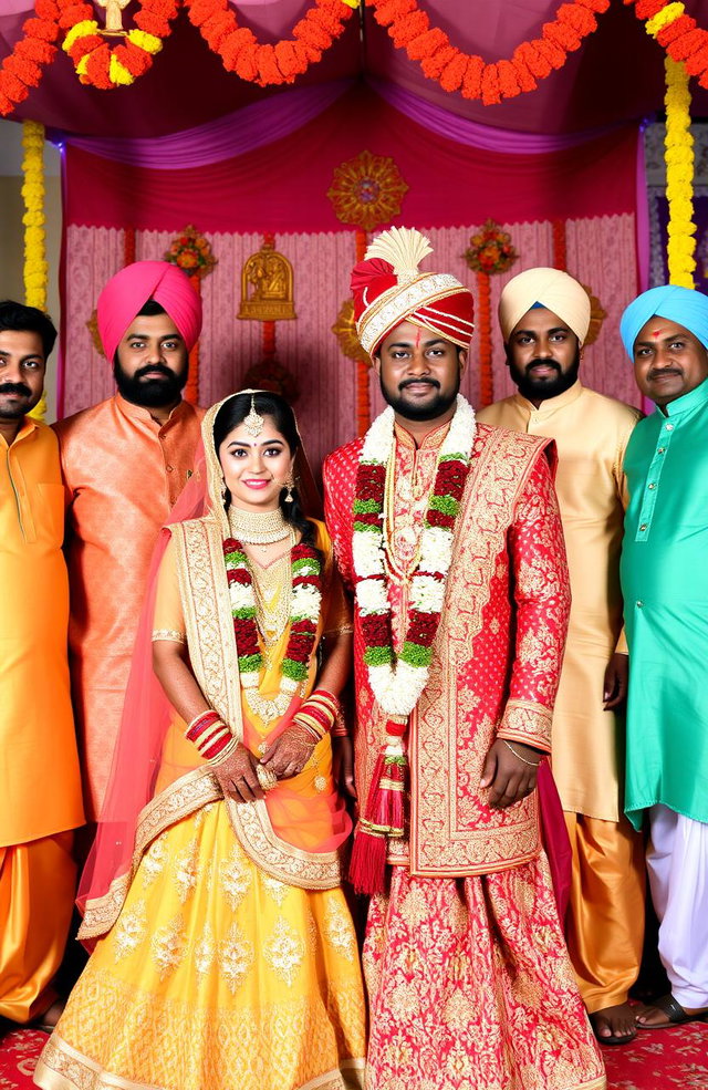 A vibrant and colorful scene depicting a girl and a guy dressed in traditional Indian wedding attire