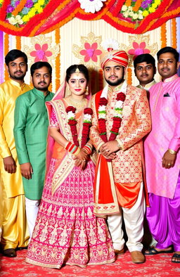 A vibrant and colorful scene depicting a girl and a guy dressed in traditional Indian wedding attire