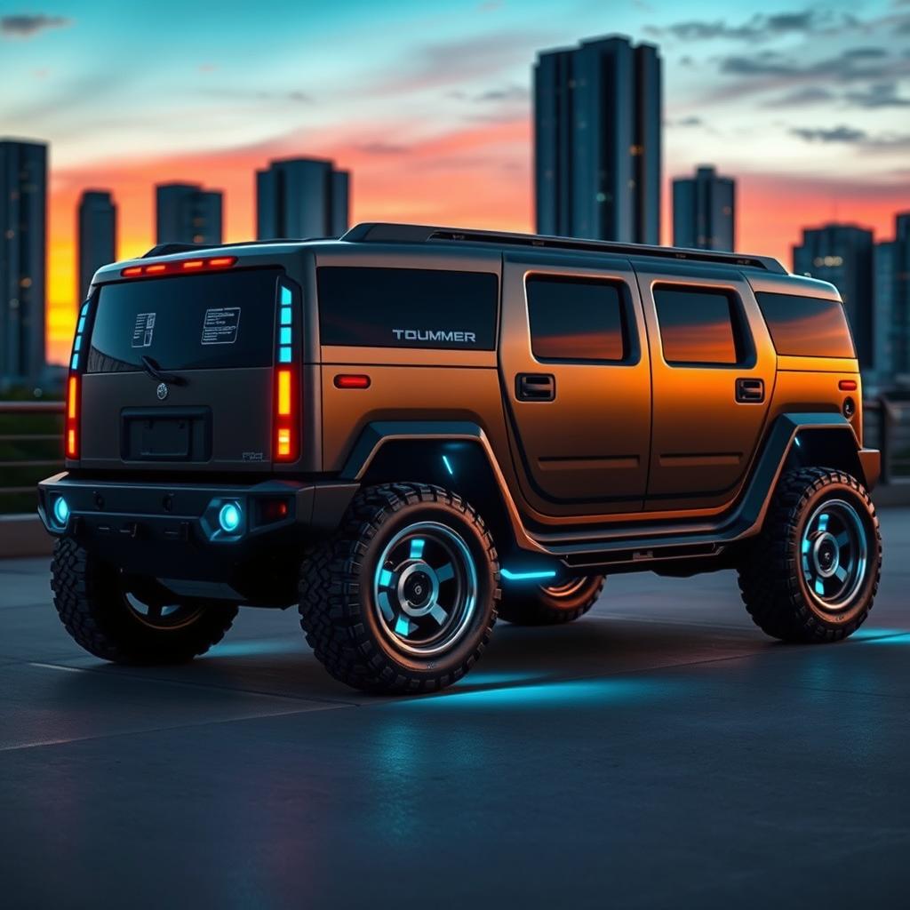 A futuristic Hummer concept vehicle designed with sleek, aerodynamic lines and a bold, muscular stance