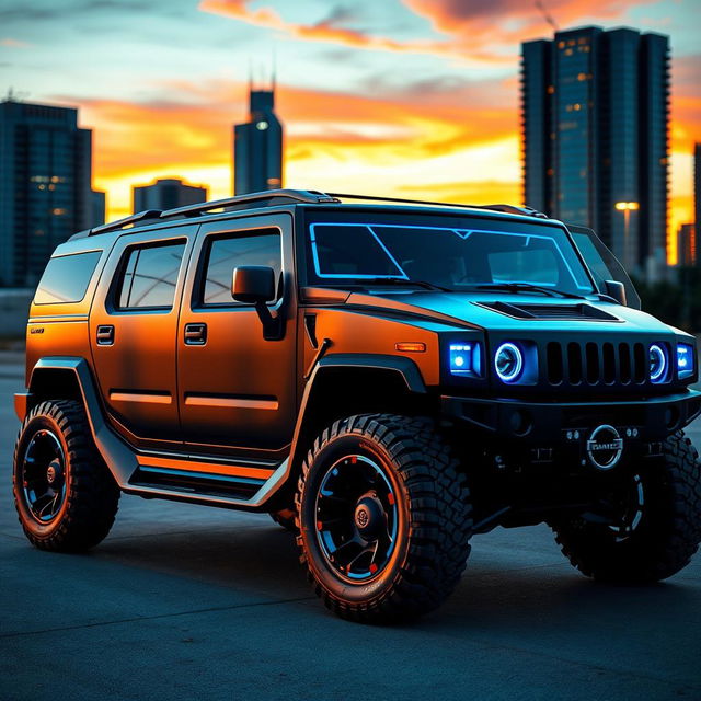 A futuristic Hummer concept vehicle designed with sleek, aerodynamic lines and a bold, muscular stance