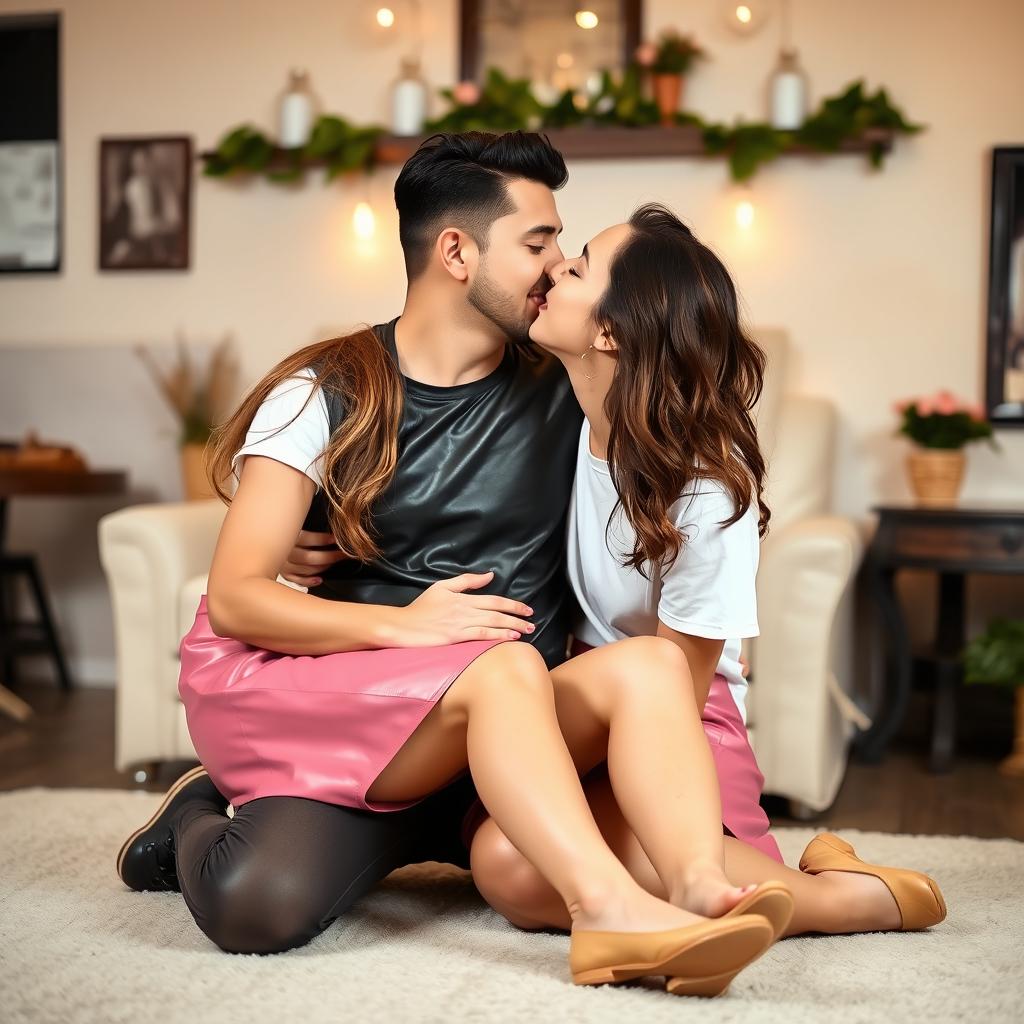 A young woman is wearing a trendy pink leather skirt paired with a white t-shirt, sitting playfully on the knees of a man who is dressed in a stylish leather t-shirt