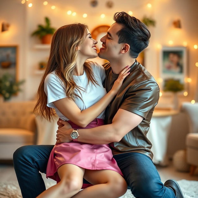 A young woman is wearing a trendy pink leather skirt paired with a white t-shirt, sitting playfully on the knees of a man who is dressed in a stylish leather t-shirt