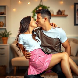 A young woman is wearing a trendy pink leather skirt paired with a white t-shirt, sitting playfully on the knees of a man who is dressed in a stylish leather t-shirt