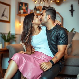 A young woman is wearing a trendy pink leather skirt paired with a white t-shirt, sitting playfully on the knees of a man who is dressed in a stylish leather t-shirt