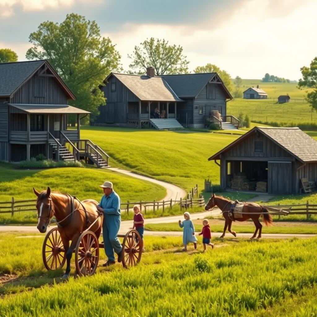 A serene Amish farming village, showcasing self-sufficient living