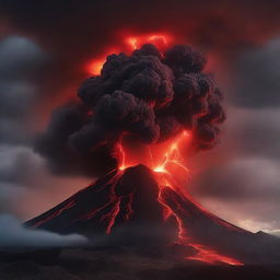 The erupting volcano under a sky laced with red lightning, and in the foreground, an eye, wide and watchful, observing the tumultuous spectacle of nature's fury.