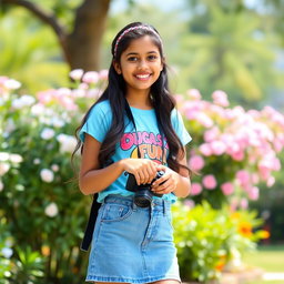 A cheerful Indian teenage girl wearing a casual outfit consisting of a colorful t-shirt and a stylish skirt, standing in a sunny park