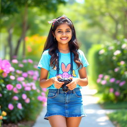 A cheerful Indian teenage girl wearing a casual outfit consisting of a colorful t-shirt and a stylish skirt, standing in a sunny park