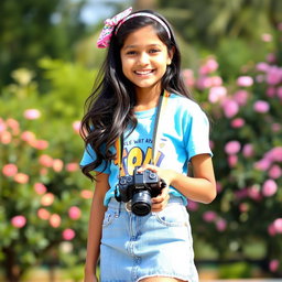 A cheerful Indian teenage girl wearing a casual outfit consisting of a colorful t-shirt and a stylish skirt, standing in a sunny park