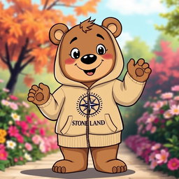 A cartoonish, friendly bear wearing a Stone Island zip hoodie
