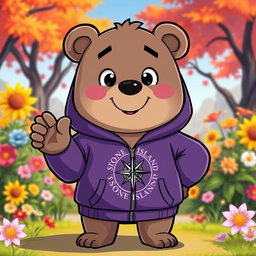 A cartoonish, friendly bear wearing a Stone Island zip hoodie