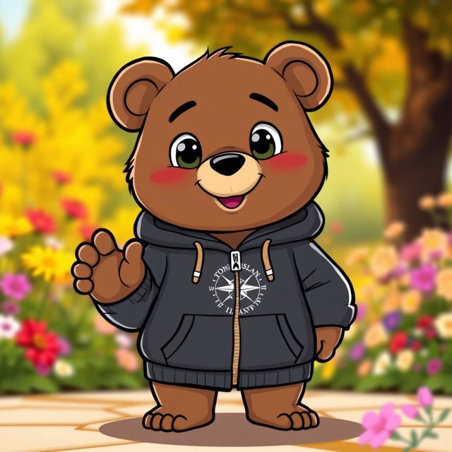 A cartoonish, friendly bear wearing a Stone Island zip hoodie