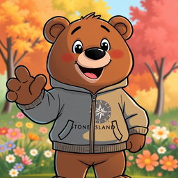 A cartoonish, friendly bear wearing a Stone Island zip hoodie