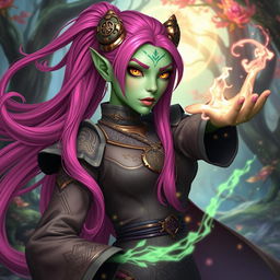 A Yuan-ti woman with long, bright pink hair and striking gold lizard-like eyes, her light green skin glistening as she confidently casts magic