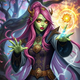 A Yuan-ti woman with long, bright pink hair and striking gold lizard-like eyes, her light green skin glistening as she confidently casts magic
