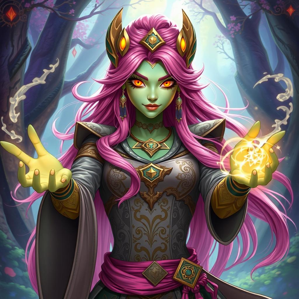 A Yuan-ti woman with long, bright pink hair and striking gold lizard-like eyes, her light green skin glistening as she confidently casts magic