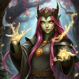 A Yuan-ti woman with long, bright pink hair and striking gold lizard-like eyes, her light green skin glistening as she confidently casts magic
