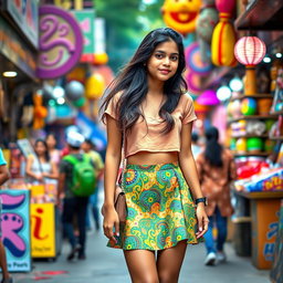 A fashionable Indian teenage girl wearing a stylish outfit featuring a vibrant mini skirt paired with a trendy top, confidently exploring a lively market street