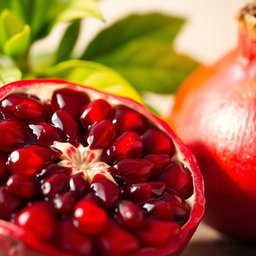 A vibrant and detailed close-up of a pomegranate split in half, showcasing its juicy, blood-red seeds glistening with juice