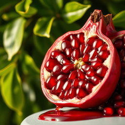 A vibrant and detailed close-up of a pomegranate split in half, showcasing its juicy, blood-red seeds glistening with juice