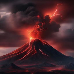 The erupting volcano under a sky laced with red lightning, and in the foreground, an eye, wide and watchful, observing the tumultuous spectacle of nature's fury.