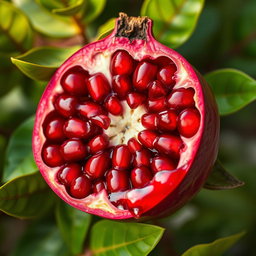 A vibrant and detailed close-up of a pomegranate split in half, showcasing its juicy, blood-red seeds glistening with juice