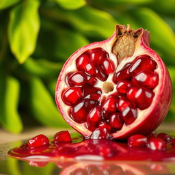 A vibrant and detailed close-up of a pomegranate split in half, showcasing its juicy, blood-red seeds glistening with juice