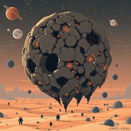 Retro cosmic horror pixel-art featuring a colossal entity floating in a distorted cosmos