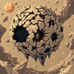 Retro cosmic horror pixel-art featuring a colossal entity floating in a distorted cosmos