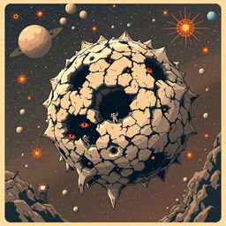 Retro cosmic horror pixel-art featuring a colossal entity floating in a distorted cosmos