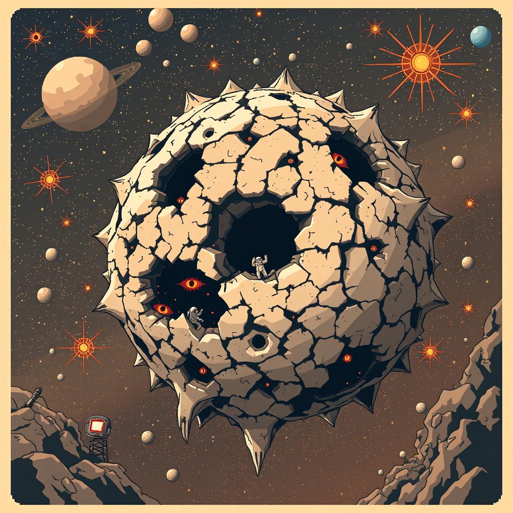 Retro cosmic horror pixel-art featuring a colossal entity floating in a distorted cosmos