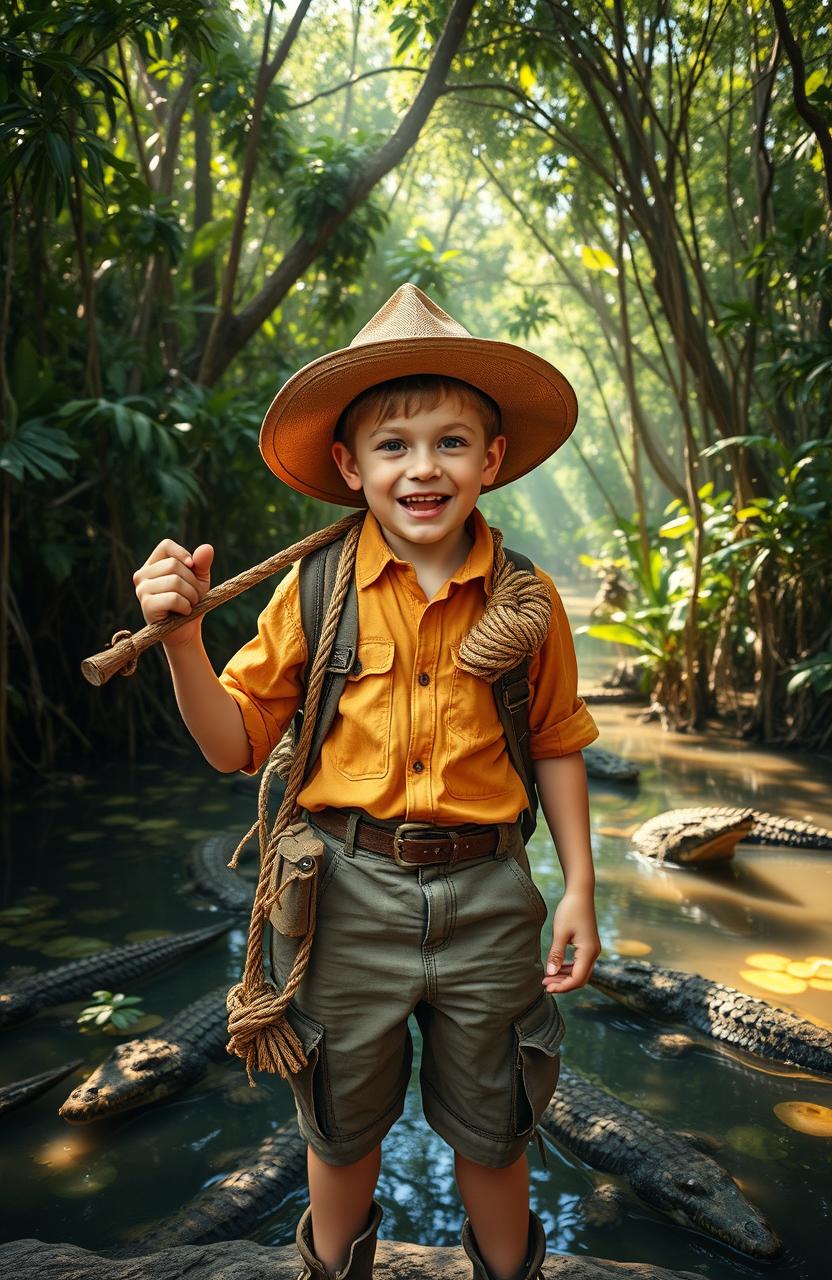 A brave adventure boy wearing a wide-brimmed hat and rugged adventure clothing, with a rope slung over his shoulder, standing at the edge of a mysterious swamp