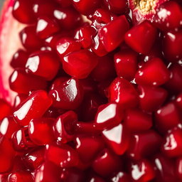 A close-up of a freshly cut, juicy pomegranate, with its vibrant, blood-red seeds spilling out, glistening in the light