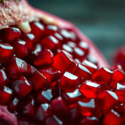A close-up of a freshly cut, juicy pomegranate, with its vibrant, blood-red seeds spilling out, glistening in the light