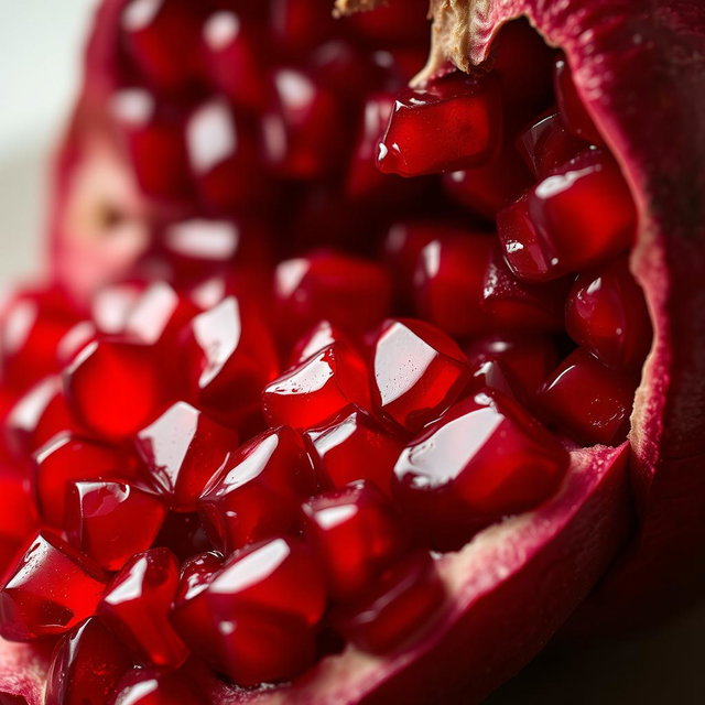 A close-up of a freshly cut, juicy pomegranate, with its vibrant, blood-red seeds spilling out, glistening in the light